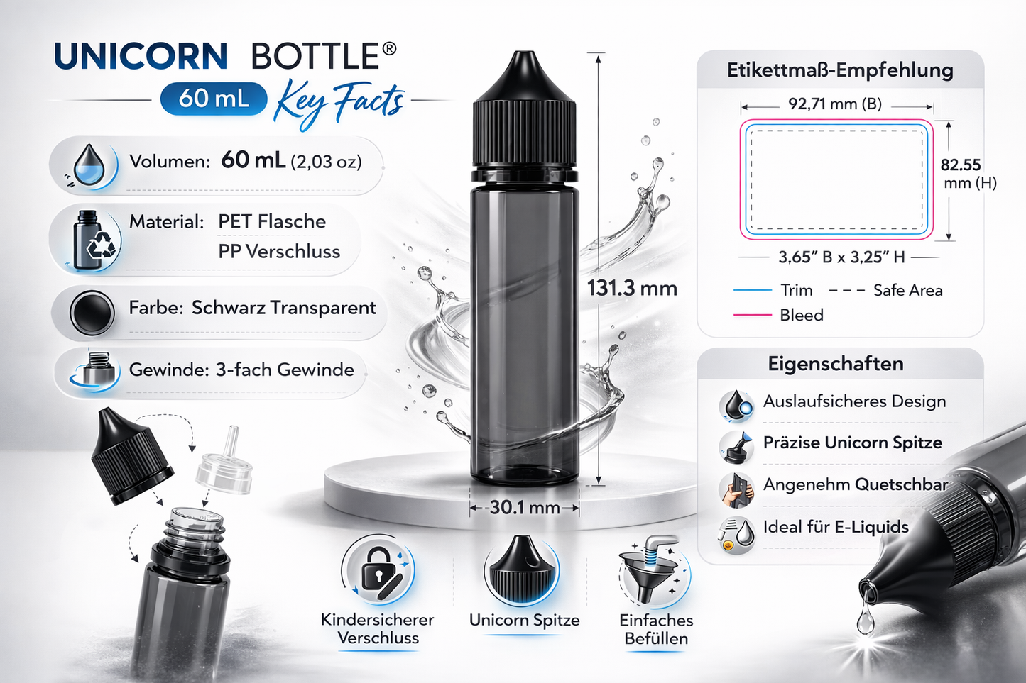 Chubby GorillaUnicorn Bottle 60 ml – Schwarz transparent | PET | kindersicher | E-Liquid Flasche