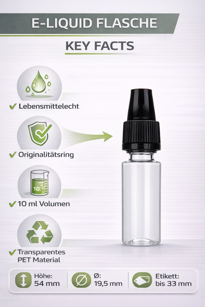 PET E-Liquid Flasche 10 ml Schwarz transparent mit Tropfverschluss CRC 14 mm