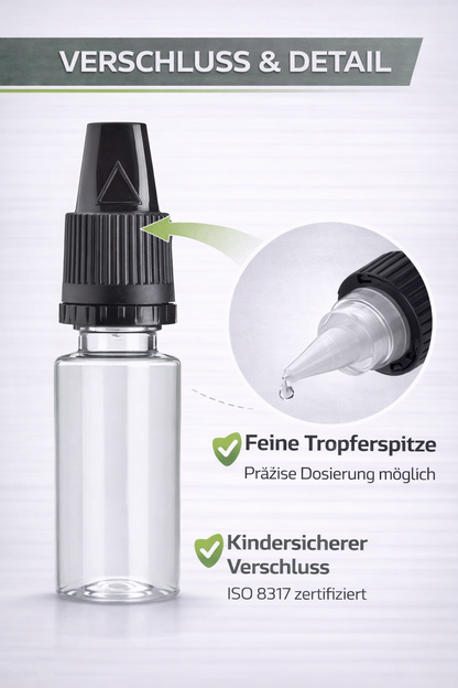 PET E-Liquid Flasche 10 ml Schwarz transparent mit Tropfverschluss CRC 14 mm