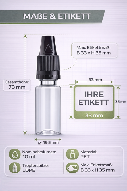 PET E-Liquid Flasche 10 ml Schwarz transparent mit Tropfverschluss CRC 14 mm