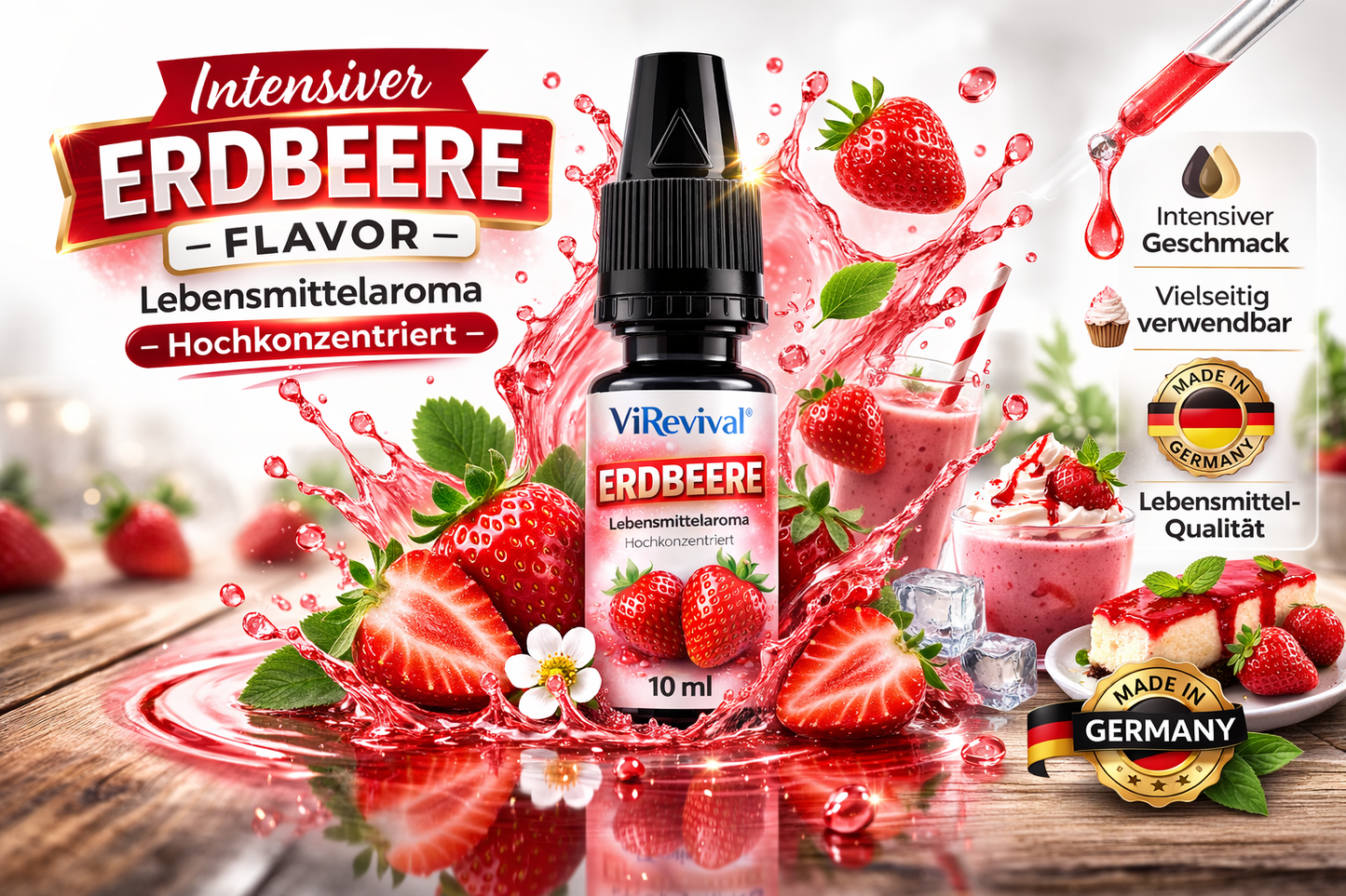 ViRevival Erdbeere Aroma – Hochkonzentriertes Lebensmittelaroma zum Backen, Desserts & Getränke – 10ml
