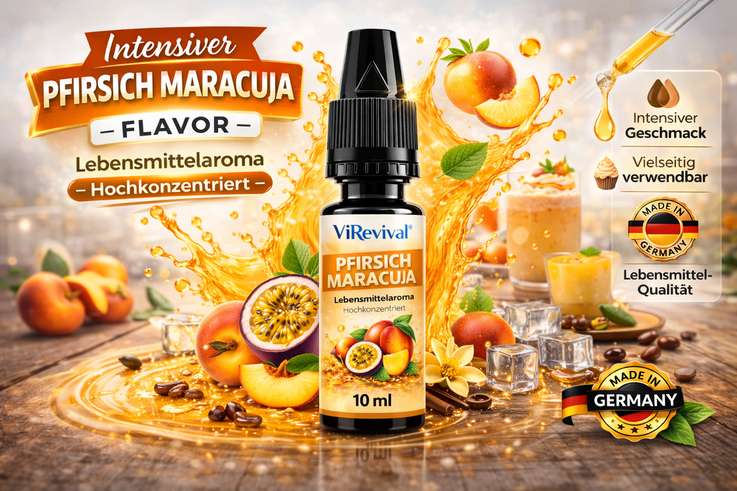 ViRevival Pfirsich Maracuja Aroma – Hochkonzentriertes Lebensmittelaroma zum Backen, Desserts & Getränke – 10ml