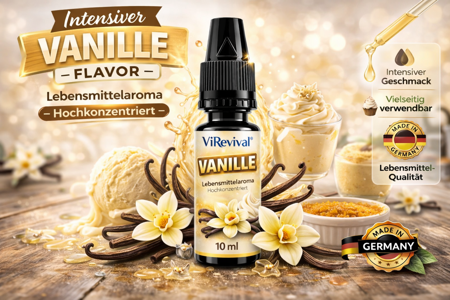 ViRevival Vanille Aroma – Hochkonzentriertes Lebensmittelaroma zum Backen, Desserts & Getränke – 10ml